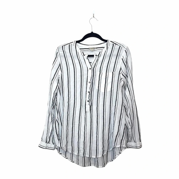 Lucky Brand White & Gray Striped Split Neck Button Front Top Large Women’s - Picture 1 of 13